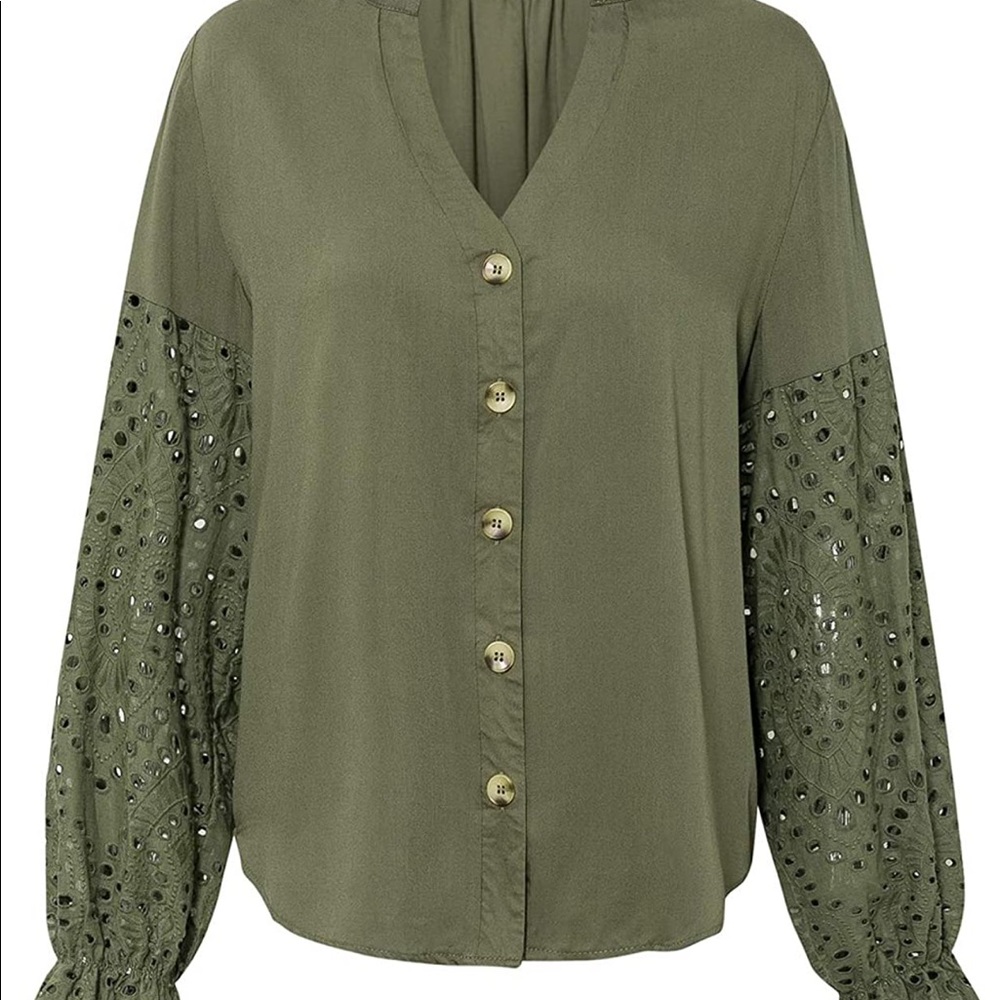 NWOT |  Women's Button Down V Neck Hollow Out Sleeve, Chiffon Blouse | M